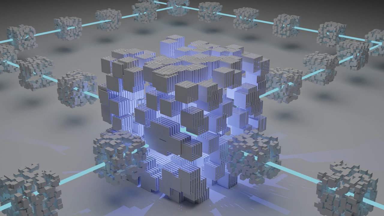 Visualização abstrata de fluxo de dados em tons de azul profundo